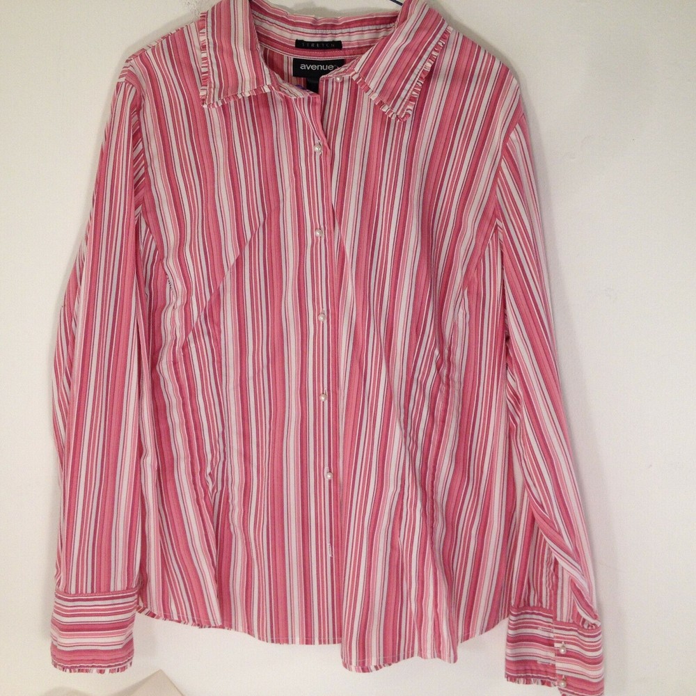 Avenue Stretch Stripe Pinks Pearl Button Up Top Blouse Ruffled Collar Sz 14-16